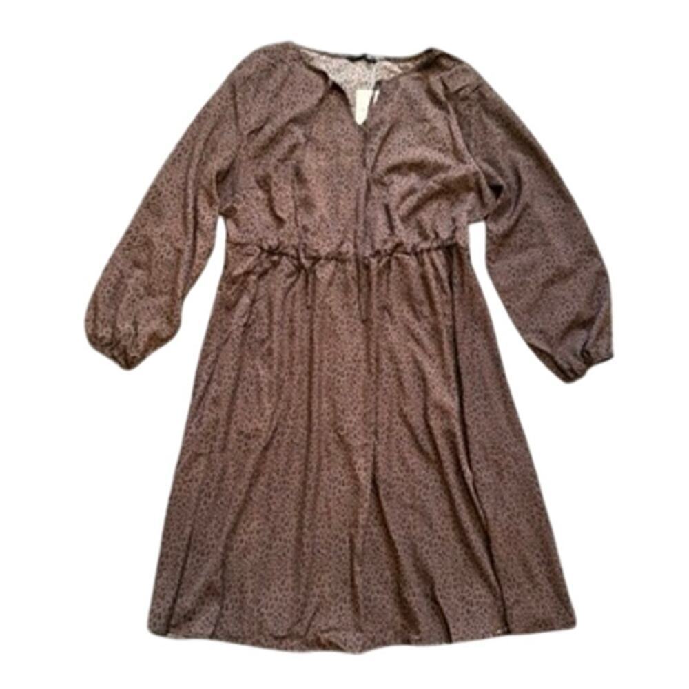Bloomchic Leopard V-Neck A-Line Long Sleeve Dress in Brown, Size 14-16​​